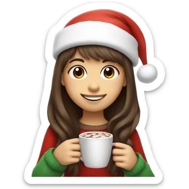 Smiling girl with long brown hair wispy bangs wearing a Santa hat and holding hot chocolate  sticker