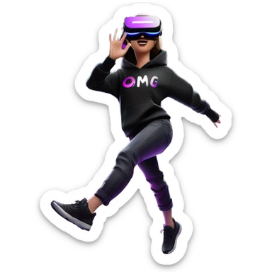 Russian girl wearing black hoody with violet letters "OMG", in vr headset oculus quest2. jumping. Cyberpunk style. Violet neon. sticker