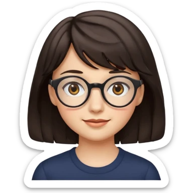 Koyu renk, dağınık dalgalı saçlı, kısa kahküllü, yuvarlak gözlüklü ve büyük kahverengi gözlü bir genç kadının yüzünü gösteren emoji tarzı illüstrasyon. Hafif bir gülümseme veya tatlı bir sırıtış ifadesi var. Cilt tonu açık. sticker