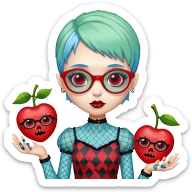 Ghoulia yelps monster high doll in scene/emo style cherry print dress with fishnet sleeves, clothes, thin, small, red, rectangle glasses, pale white-blue skin, pale-green pixie-cut, zombie scars , boy sticker