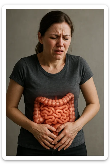 donna in piedi che si tiene la pancia con intestino umano anatomico e mal di pancia, iperrealistica 4k sticker