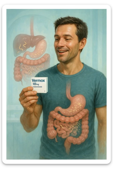A realistic, cinematic illustration of a man in his late 30s holding a small white box of ‘Vermox’ (mebendazole) in one hand, with a relieved and hopeful expression on his face. Behind him, a semi-transparent overlay shows his digestive tract where small, symbolic worm-like parasites are dissolving and disappearing, indicating the medication’s effect. The environment is clean and bright, with a medical yet hopeful tone, conveying the concept of effective parasite removal. Subtle blue and green tones symbolize cleansing and health restoration, while the man appears energized and ready to reclaim his well-being sticker