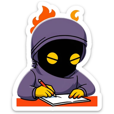 Man writing and on fire with band on his head and star eye sticker