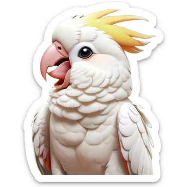 Cinematic Cute Yawning Cockatoo Portrait Emoji, Head tilted slightly with a dramatic, wide-open yawn, showcasing a plump, feathered body with a softly drooping crest and sleepy, half-closed eyes, Simplified yet irresistibly adorable features, highly detailed, glowing with a soft, cozy tropical glow, high shine, relaxed yet expressive, stylized with a dash of whimsical avian charm, soft glowing outline, capturing the essence of a drowsy yet affectionate cockatoo that appears ready to stretch out and yawn its way off the screen! sticker