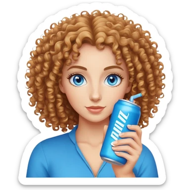 Curly haired, Blue eyed woman holding an alani energy drink can sticker