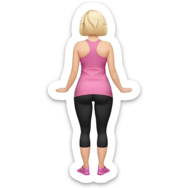 Render from knees up, view from the back, fair skinned woman, curvy, short blond hair, small reading glasses, cooking dinner in kitchen, pink loose tank top, showing natural B cup breast shape SFW, black yoga pants, large curvy booty sticker