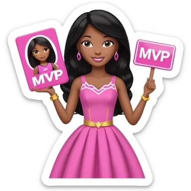 Black barbie, long black  hair, pink dress holding mvp sign  sticker