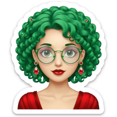 gem lover woman with gem accessories excessive amount gem glassess very big gem earrings green curly hair and red diamonds sticker