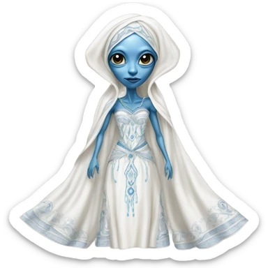 a blue alien woman full body in white Romanov dress sticker