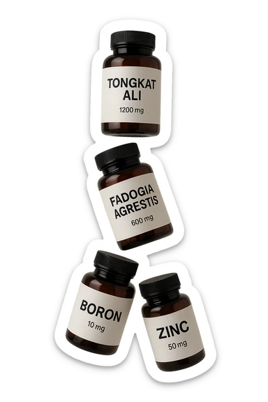 4 boccette di integratore: Tongkat Ali, Fadogia Agrestis, Boron e Zinco fluttuano in aria verticalmente sticker