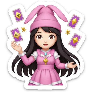 pixel art chibi asian girl with dark long hair in pink bunny hat magical girl with tarot cards thrown in air pixel emoji sticker