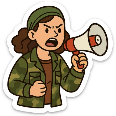flat toon style woman with green headband, camo jacket, holding a megaphone, angry expression sticker