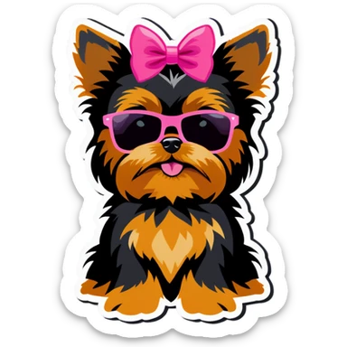 Yorkie with a pink bow in hair with sunglasses sticker