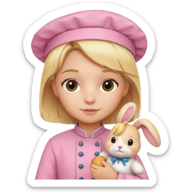 girl kid italian chef, blonde,  pink uniform, holding plush rabbit sticker