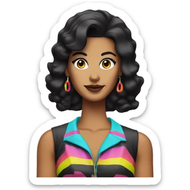 Tanned woman with black hair dressed in 1980s hair, makeup, and neon attire  sticker