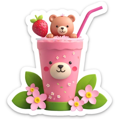 A pink strawberry drink cup with a straw, labeled "Strawbeary". The cup is adorned with cherry blossom flowers and has a cute bear peeking out from behind it. There are also strawberries with green leaves and scattered pink flower petals around the cup. sticker