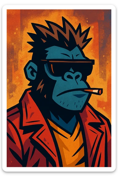 A gorilla styled like Tyler Durden from Fight Club, with a rebellious attitude, spiky hair, red leather jacket, and sunglasses, in a gritty, cinematic illustration. sticker