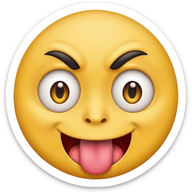 A yellow round face emoji smirking with its tounge out but the eyes are evil and kind of crazy and only one of the eyebrows is raised and the other eyebrow is lower and normal sticker