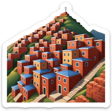 Urban Peruvian hillside neighborhood, brick houses stacked on steep hills, unfinished red brick buildings, colorful painted facades, narrow stairways, electric cables crossing the sky, sunset lighting, realistic style, cinematic, high detail sticker