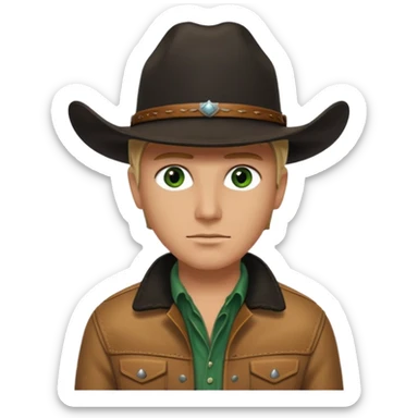 yellowstone ranch cowboy with black cowboy hat, black t-shirt, leather tan jacket, and green eyes sticker