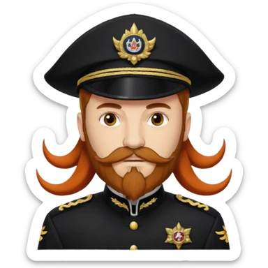 An auburn-hair'ed admiral with a flawless bear and mustache wearing a black admiral outfit and hat with Wolf Ears coming out of the hat, and 9 tails behind him, with the admiral black shirt featuring on the left breast pocket the insignia of Helldivers 2. sticker