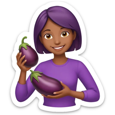 a dark medium brown woman holding an eggplant and smiling and coddling it  sticker