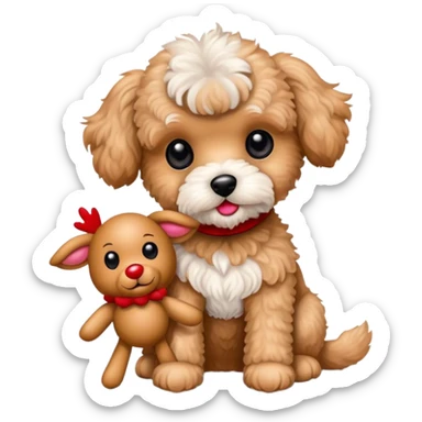 Tan maltipoo holding Rudolph the red  nose reindeer stuffed animal  sticker