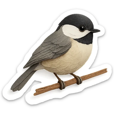 Carolina Chickadee sitting on a branch, delicate paper layers, expressive eye, naturalistic pose, subtle color variations sticker