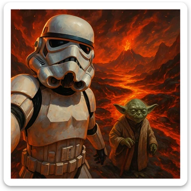 make digital poster art of Camera POV, Starwars stormtroopers vlogging selfie, he is walking on lava planet with yoda
 sticker