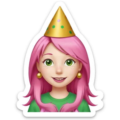 Create a girl with long pink hair and green eyes with long eyelashes and a smiley face. She has freckles in her face and a lit of bit of pink lipstick on her mouth, she’s also got gold birthday party hat on her head with gold pom poms on top of it, and her T-shirt is all red sticker