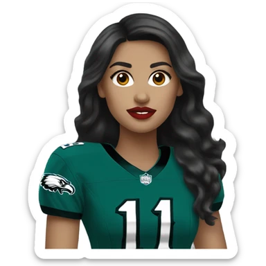 White female long dark hair red lips wearing Philadelphia Eagles jersey sticker