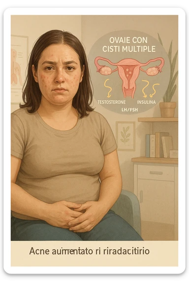 Donna tra i 25 e i 35 anni, con espressione stanca ma determinata, seduta in uno studio medico o nella sua stanza, con mani sul basso ventre. Sullo sfondo un diagramma trasparente o fluttuante di ovaie con cisti multiple, ormoni stilizzati in disequilibrio (testosterone, insulina, LH/FSH). Leggeri segni visivi di sintomi tipici: acne sul viso, lieve aumento di peso, capelli leggermente diradati in zona frontale. Ambiente realistico ma con elementi educativi e simbolici. Toni tenui ma caldi, stile empatico e informativo. in italiano sticker