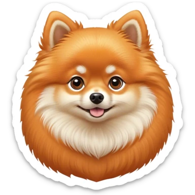 Cinematic Cute Orange Pomeranian Portrait Emoji, Head tilted playfully and inquisitively, showcasing a luxurious, fluffy orange coat with a natural sheen, round, sparkling brown eyes filled with curiosity, Simplified yet irresistibly adorable features, highly detailed, glowing with a warm, friendly glow, high shine, affectionate and lively, stylized with a touch of whimsy, bright and endearing, soft glowing outline, capturing the essence of a mischievous yet loving pup, so playful it feels like it could scamper out of the screen and into your arms! sticker