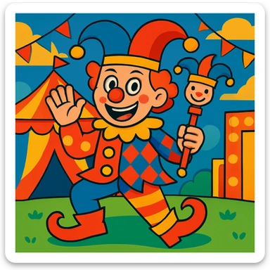 Add a lively circus background to the cartoonish joker clown on the playing card, keeping the energetic and silly feel. sticker