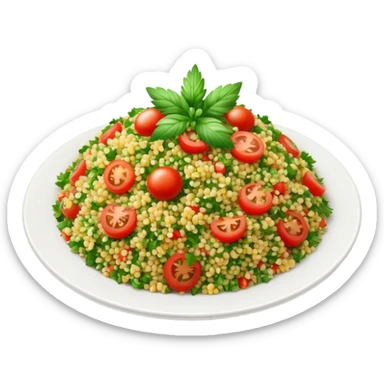 Cinematic Realistic Tabbouleh Salad Dish Emoji, showcasing a fresh herbaceous salad with bulgur, tomatoes, and parsley rendered with crisp textures and natural, vibrant lighting. sticker