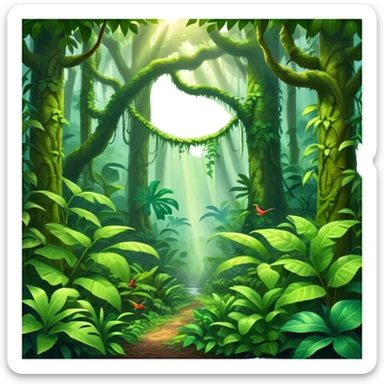 Cinematic Realistic Rainforest Emoji in a wooden frame, Lush and vibrant, filled with towering trees, thick vines, and dense green foliage, sunlight filtering through the canopy above, creating dappled patches of light on the rich, diverse undergrowth. The air is heavy with moisture, with mist rising from the forest floor and distant calls of exotic birds and animals echoing through the trees. Soft glowing outline, capturing the essence of a thriving, untamed tropical paradise filled with life! sticker
