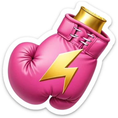 pink boxing glove with golden lightning bolts, female symbol ♀ on the backhand, sparkling stardust particles in the background sticker