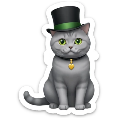 gray British Shorthair cat full body sitting with a black top hat and green eyes sticker