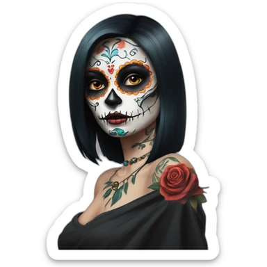 Lady looking over shoulder day of the dead tattoos and missing eye sticker