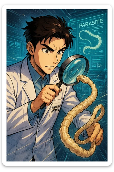 A dynamic manga/webtoon-style illustration of a young male kinesiologist wearing a clean white lab coat, analyzing light beige worms like a tapeworm under a magnifying glass. His expression is focused and slightly intrigued, with sharp, detailed eyes. The art style is vibrant, with bold linework, rich colors, and dramatic lighting. The background is a futuristic laboratory with glowing holographic screens displaying parasite data. The tapeworm is intricately drawn, slimy and segmented, with a slightly exaggerated yet realistic texture. The composition is dynamic, with motion lines or energy effects to emphasize his scientific investigation. The atmosphere is intense but not dark, keeping a balance between scientific seriousness and stylish manga aesthetics, he has "ANTONIO ANANIA" WRITTEN ON WHITE LAB COAT sticker