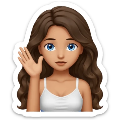 Girl with olive skin, blue eyes, brown dark insanely wavy long hair, white camisole, left hand palm up crossing arms in front of face sticker