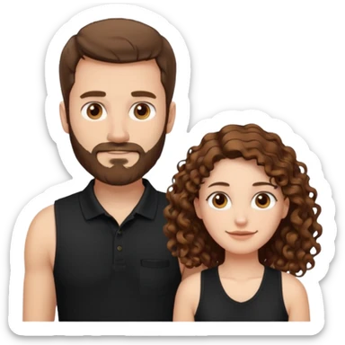 Criar Casal - Homem branco de cabelo liso e olhos marrom, com barba, expressão séria usando camiseta polo preta e mulher de pele branca cabelo cacheado marrom longo e olhos mel, usando uma regata fina branca, quero ela sorrindo sticker