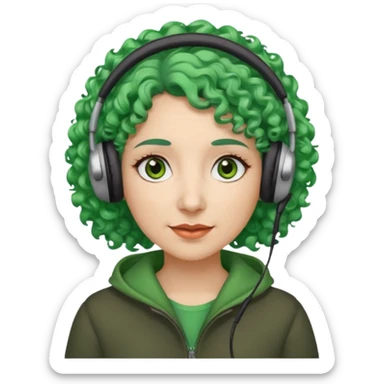 green haired earringed heaphone wearing middle aged woman very very curly long haired and hazel small eyes sticker