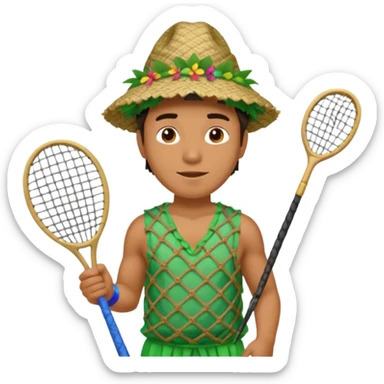 Hawaiian man with leaf hat and big net racket and colorful cloth sticker