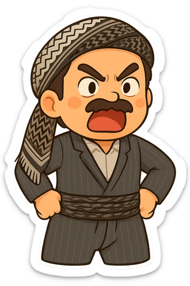 Cartoon sticker of a Kurdish man with the exact same clothes and scarf as the reference image, no changes to clothing or scarf. Face showing anger and rage. Hands on hips and body slightly leaning forward as a sign of protest or argument. Colorful and cheerful style, no shadows or color halos around the image, no text. Suitable for WhatsApp and Instagram, with a completely transparent background. sticker