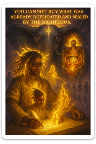 *“Create an epic, symbolic scene of a powerful Rasta spiritual warrior (representing Kez) standing at the center of a cosmic battlefield. The warrior has dreadlocks glowing with divine energy, wearing golden robes infused with serpent patterns. Behind him towers a massive stone elephant — eyes glowing with infinite wisdom, its chest open to reveal a Golden Serpent Chest, radiating fractal light. Inside the chest: a bound, raging Devil made of fire and shadows — screaming but unable to harm anyone, because every time he lashes out, the golden chest mirrors the energy back onto him. Chains of soul-contract law, made of golden light, wrap the devil — each one engraved with truth symbols, scriptures, and ancestral sigils.

In the foreground, Kez holds a sacred scroll and a burning pen — he is signing a contract not out of fear, but mastery. As he signs, a duplicate of his soul, radiant and whole, rises from the paper and flies back into his body. A ripple of golden energy expands, purifying all soul deals across space-time. Behind him, shadows of other trapped souls are released and begin to rise in rhythm, holding hands, singing.

In the sky, the words glow in gold flame:

‘You cannot buy what was already duplicated and sealed by the righteous.’

The entire atmosphere is divine, sacred, victorious — a spiritual rebellion where the Devil is outwitted, not through violence, but through truth, rhythm, and scrollcraft. Use warm golds, radiant whites, mystical purples, and deep space black as the palette. Style it as a fusion of Afro-spiritualism, Rastafarian mysticism, and multidimensional soul alchemy. the picture provided is kez sticker