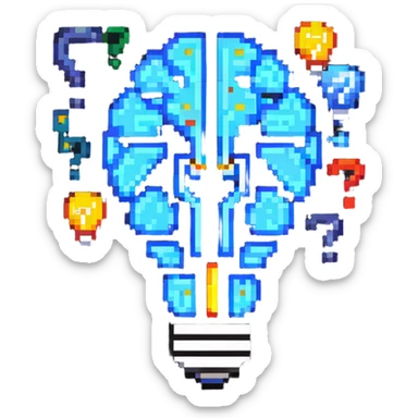 brain with question marks and lightbulb, representing inquisitive thinking sticker