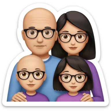 Papà calvo, mamma capelli neri occhi marroni, figlia capelli marroni mossi e occhiali tartarugati con montatura spessa occhi marroni, figlia capelli lisci marroni occhiali neri con montatura grande e fina occhi marroni  sticker