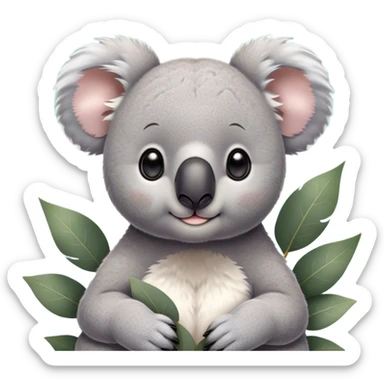 Cinematic Cute Koala Portrait Emoji, Head tilted playfully and inquisitively, featuring a fluffy grey fur with perky, rounded ears and a charming black nose, round, sparkling eyes filled with gentle curiosity, Simplified yet irresistibly adorable features, highly detailed, glowing with a warm, friendly glow, high shine, affectionate and cuddly, stylized with a touch of eucalyptus whimsy, bright and endearing, soft glowing outline, capturing the essence of a mischievous yet loving koala, so playful it feels like it could snuggle out of the screen into your arms! sticker