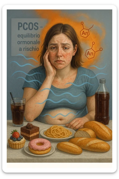 Donna tra i 25 e i 35 anni, seduta a tavola con un’espressione stanca e gonfia. Sul tavolo ci sono alimenti sbagliati per la sua condizione: dolci raffinati, pane bianco, pasta, bibite zuccherate. Intorno al suo corpo si vedono elementi simbolici che rappresentano gli effetti della PCOS peggiorata: insulina fluttuante, androgeni elevati, infiammazione bassa cronica. La sua pelle appare acneica, gonfiore addominale visibile, sguardo affaticato. Sullo sfondo, un cartello sfocato con scritto 'PCOS – equilibrio ormonale a rischio'. Stile realistico con elementi simbolici, toni freddi ma chiari in italiano sticker